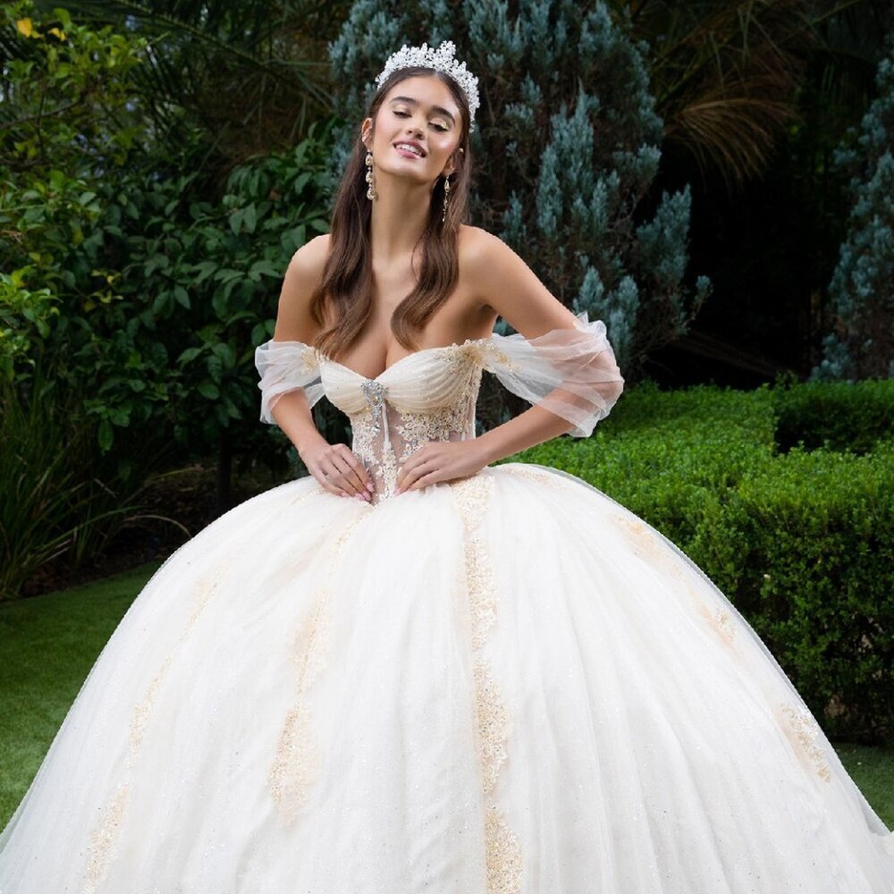 NEW LONG FORMAL OFF SHOULDER MESH QUINCEANERA DRESS W/ SHEER BODICE GL3502